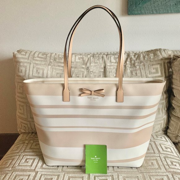 kate spade Handbags - Kate Spade Cream & Tan Striped Tote Bag